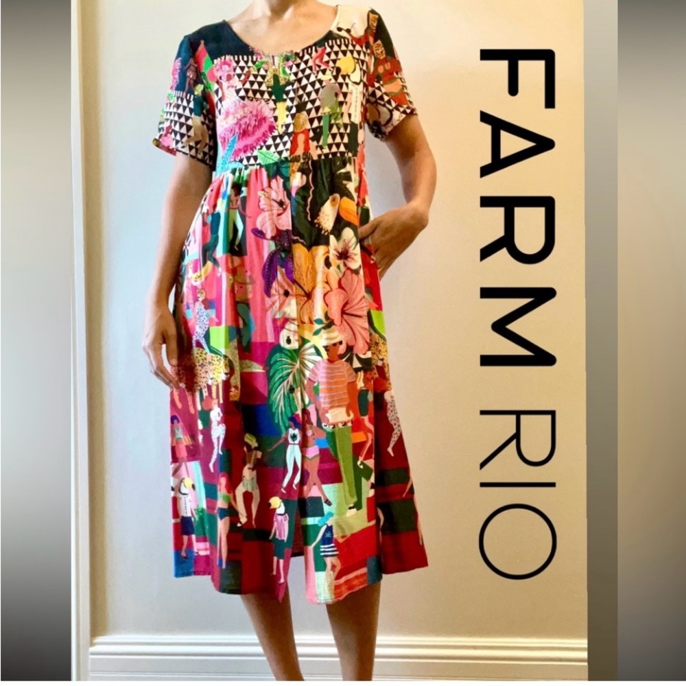 FARM Rio Midi dress w/pockets- semi sheer crinkle georgette 💯 viscose fabric.